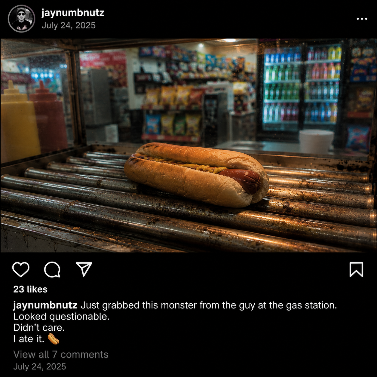 Jay's July 24, 2025 Instagram post showing a gas station hot dog