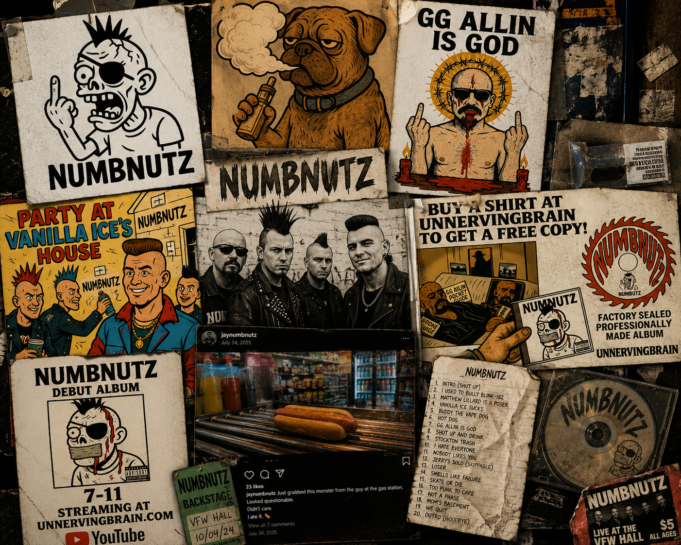 A collage of Numbnutz artifacts, flyers, album art and memorabilia