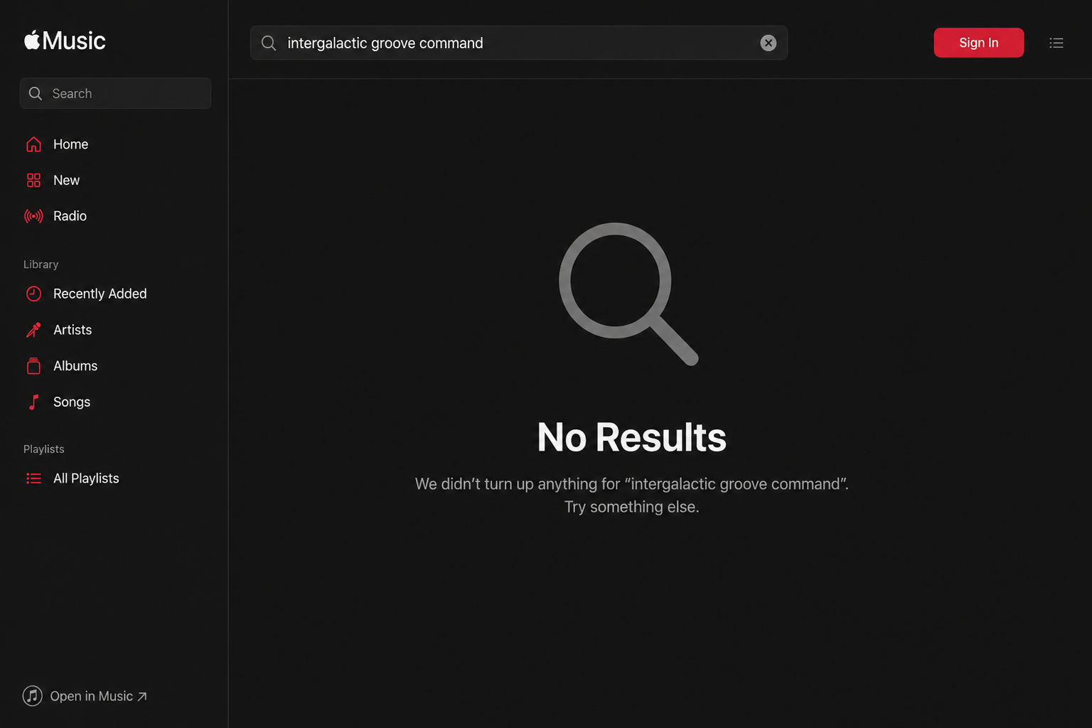 Apple Music search showing no results for Intergalactic Groove Command